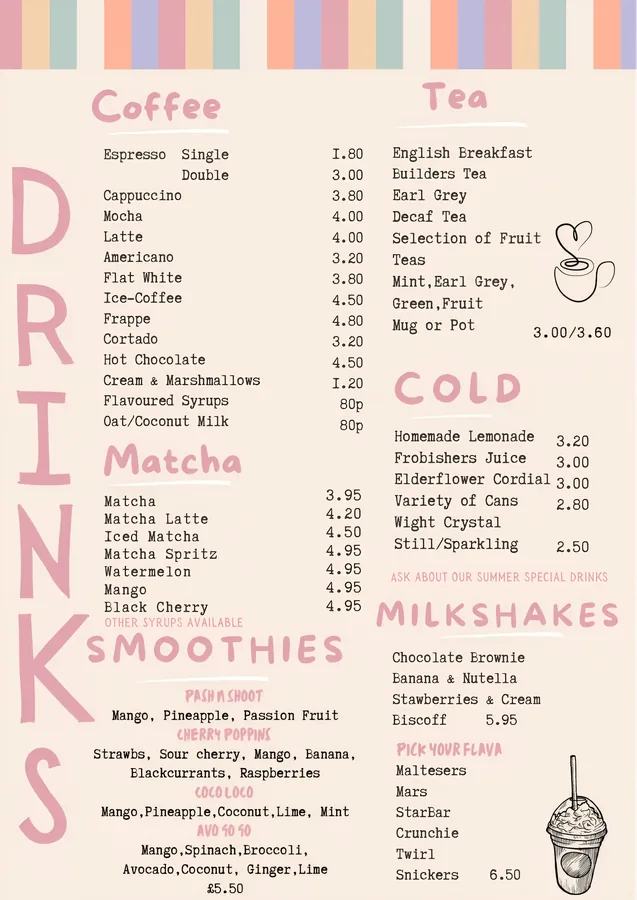 Original printed Calon Drinks, Coffee and Smoothies menu sheet