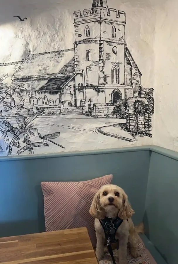 Happy dog sitting by the teal booth and botanical wall mural inside Calon Cafe